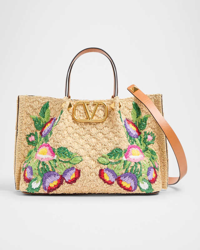Floral Embroidered Raffia Medium Shopping Tote Bag
